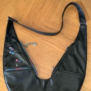 Sash Crossbody Travel Purse. Black Vegan Leather with Embroidery